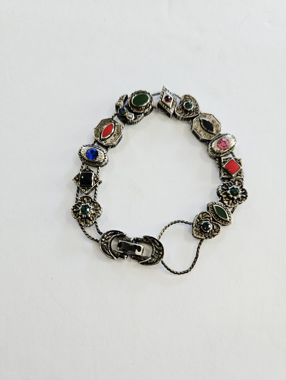 Vintage Victorian Revival Rhinestone Enamel Moon Heart Slider Charm Bracelet
